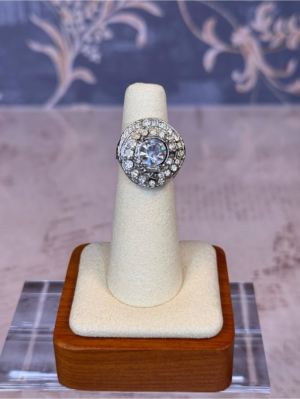 Adjustable Halo Rhinestone Ring Silver Tone Crystal Statement Ring Size 5